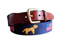 Needlepoint Retriever with American Flag Belt – Handcrafted Patriotic Dog Lovers Accessory