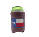 Texas Flag Can Cooler- needlepoint insert with full grain Leather and Interior Neoprene Liner