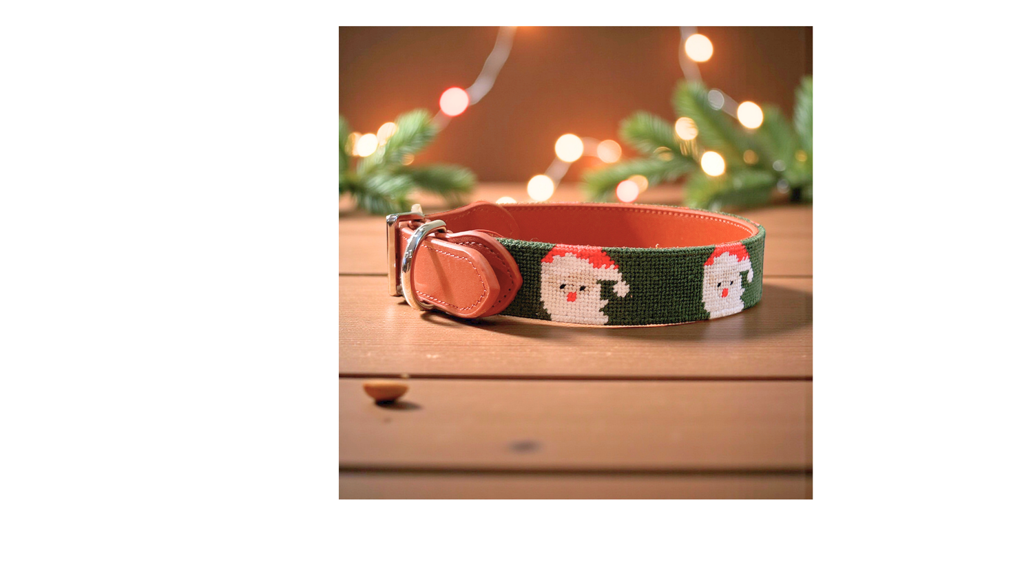 Needlepoint Dog Collar- Santa Green Background Hand Stitched