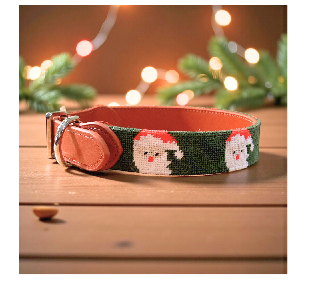 Santa Needlepoint Dog Collar – Hand-Stitched Holiday Pet Collar