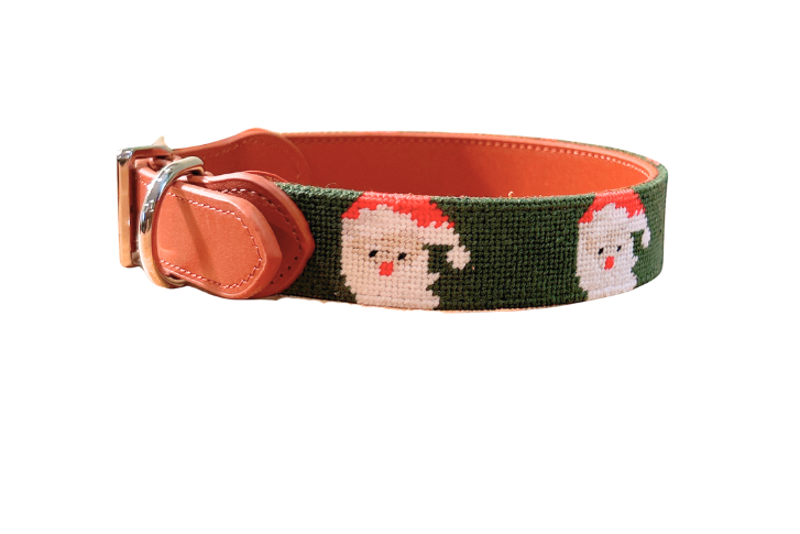 Santa Needlepoint Dog Collar – Hand-Stitched Holiday Pet Collar
