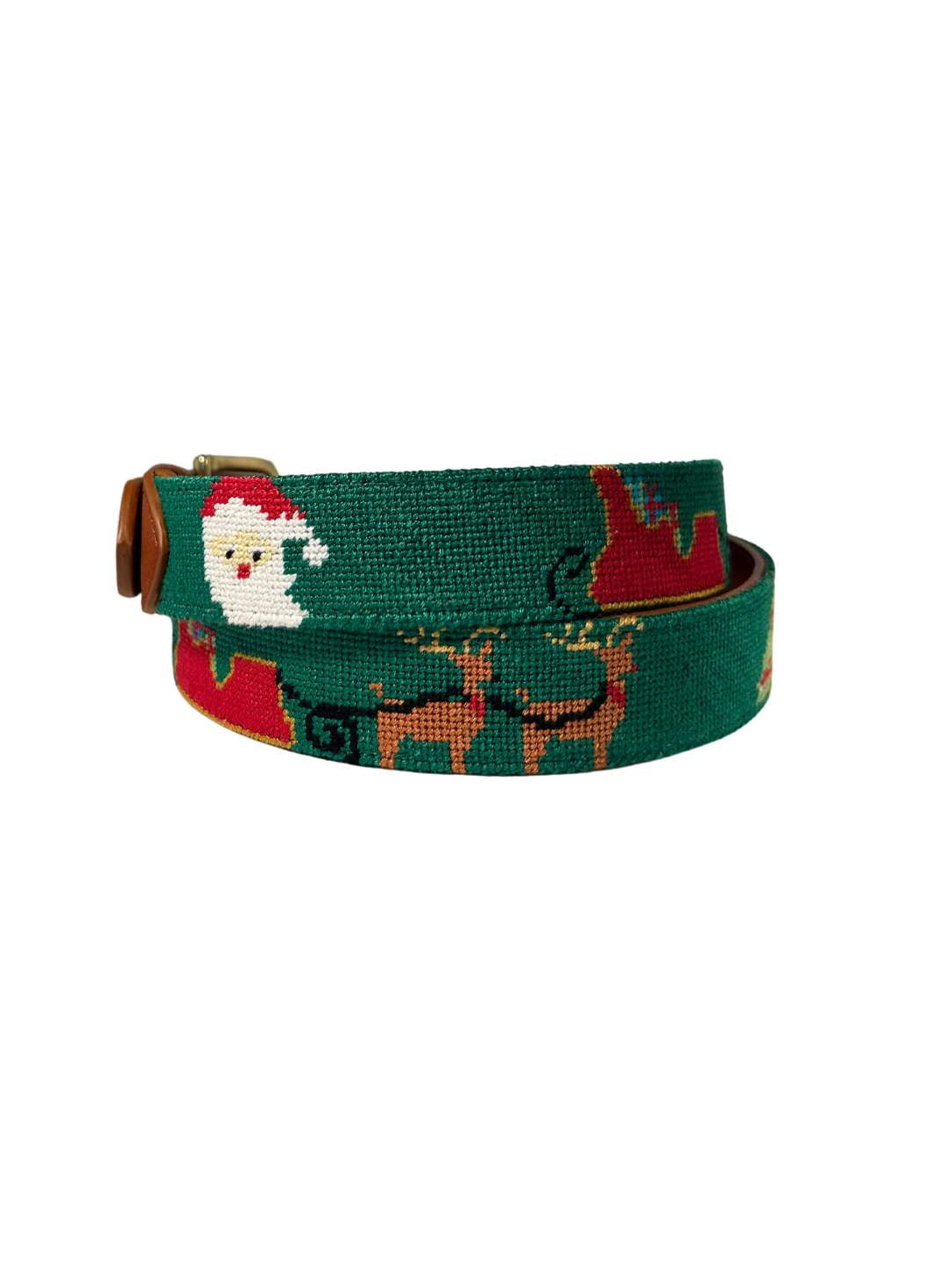 Needlepoint Belt-Santa and his Sleigh Hand Dtitched-D Ring (36"-38" size)