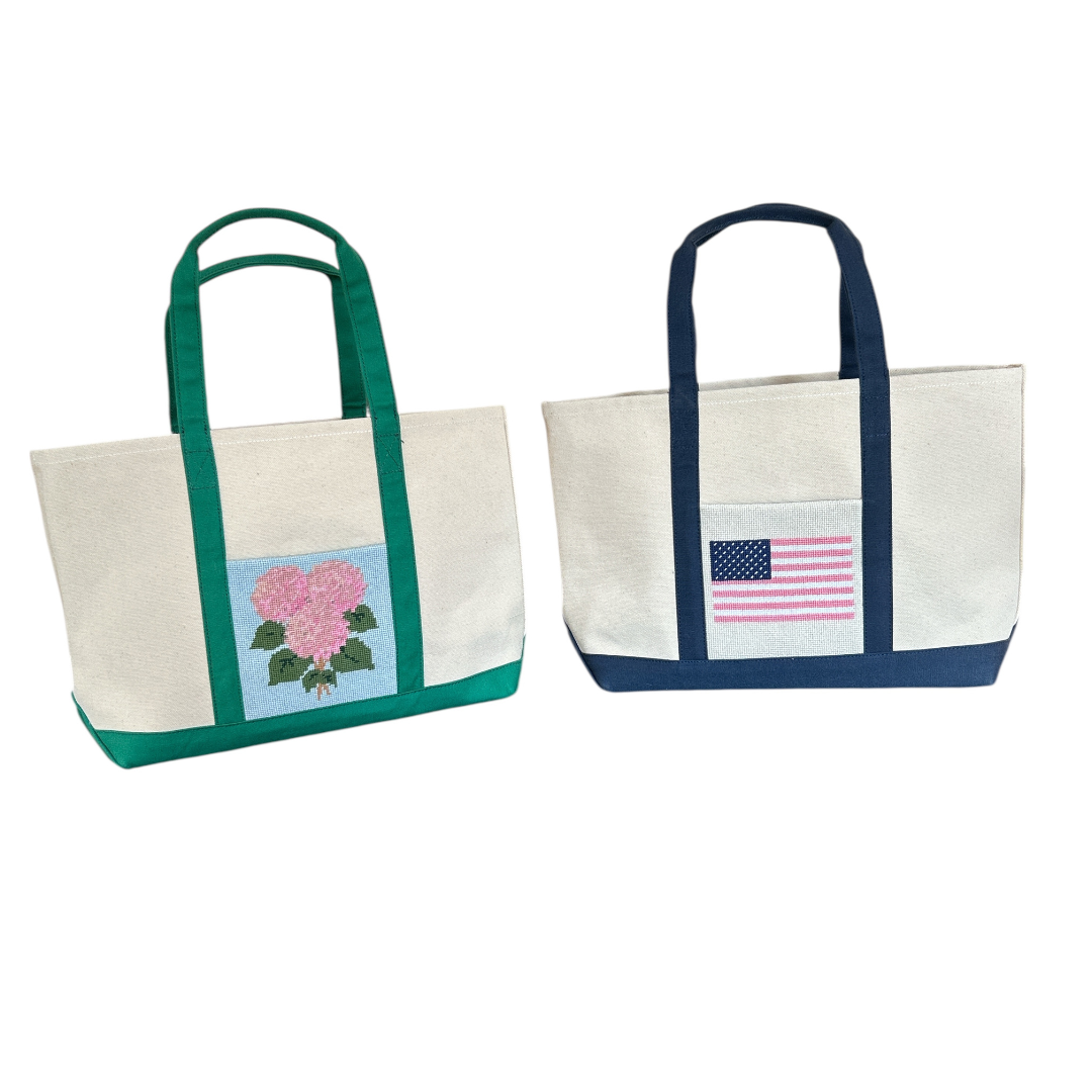 Canvas Tote Bag with Needlepoint Pocket & Interior Zipper