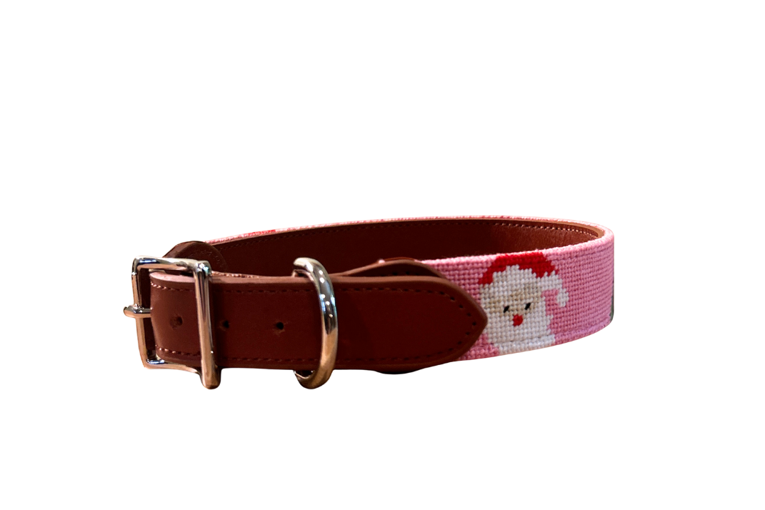 Santa Pink Hand Stitched Santa Needlepoint Dog Collar – Festive Hand-Stitched Holiday Pet Collar