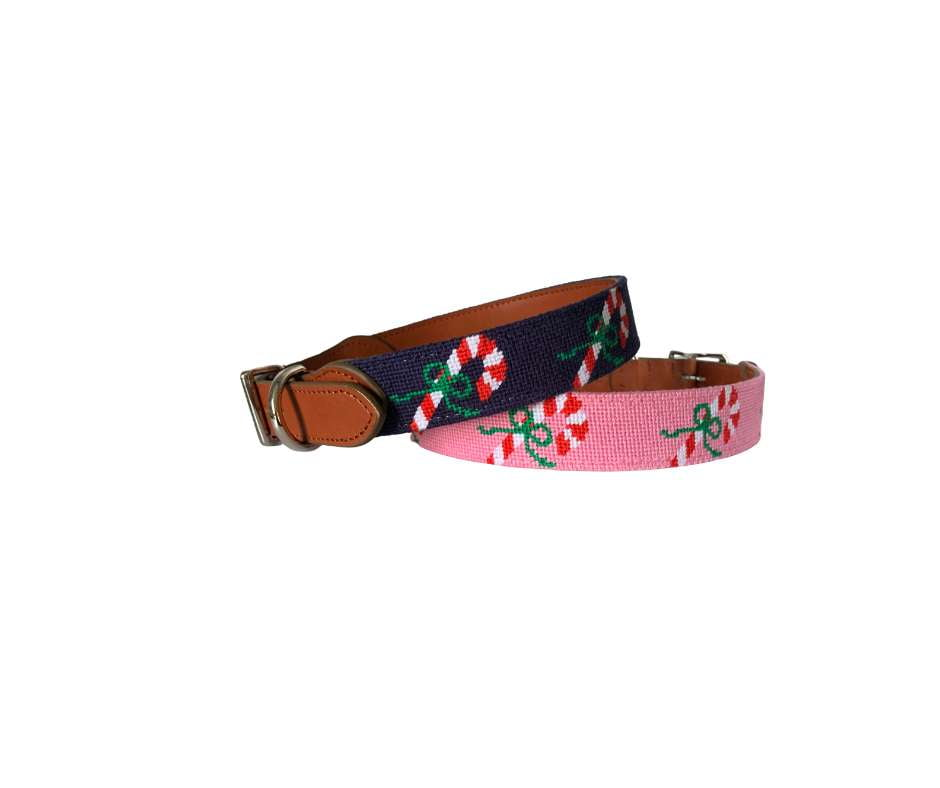 Candy Cane Needlepoint Dog Collar – Festive Hand-Stitched Holiday Pet Collar