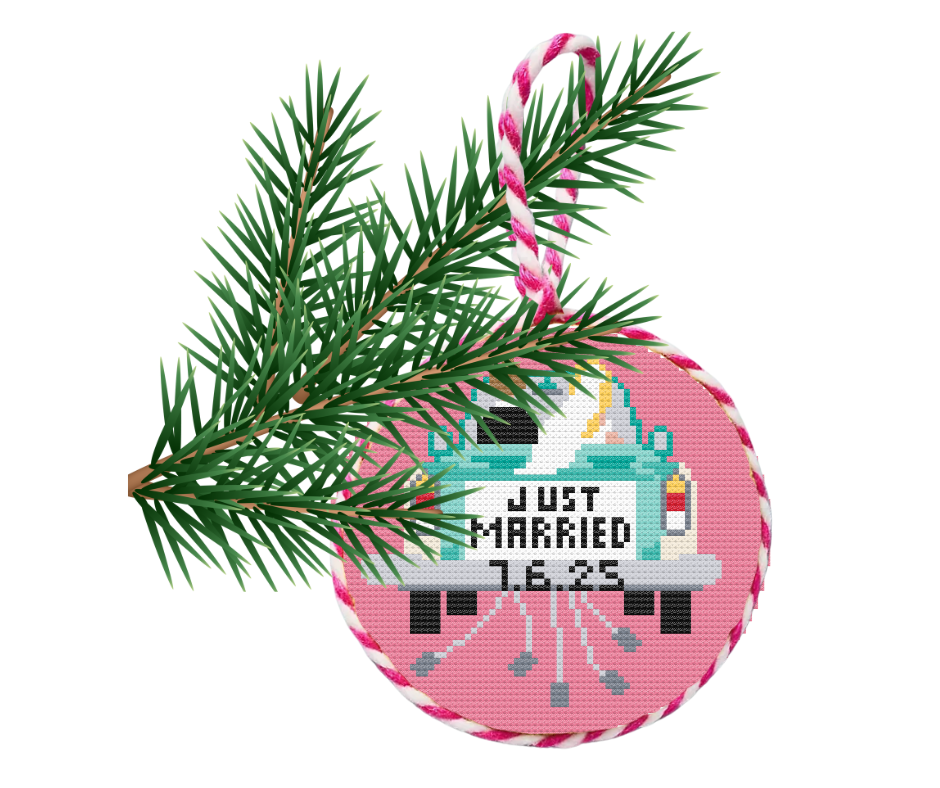 Just Married Car Needlepoint Chart, Instant Download ,18 Count Canvas for 4" round ornament, Digital Download