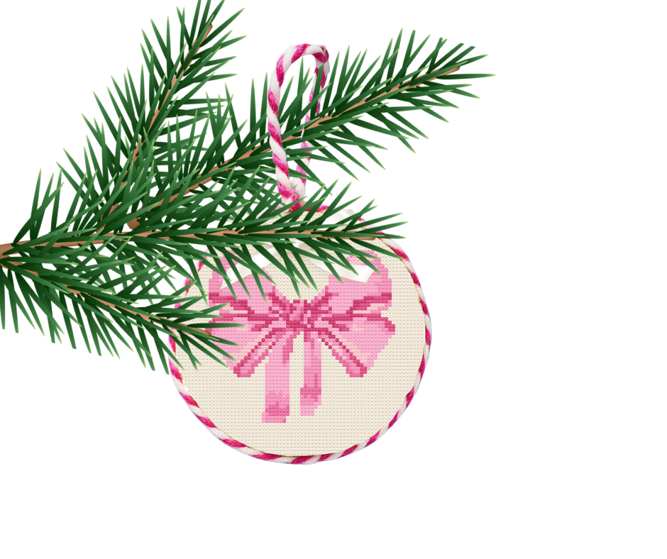 Pink Bow Needlepoint Ornament Chart — 4" Round Downloadable PDF Pattern with Instructions — DIY Christmas Ornament — Beginner Needlepoint Design