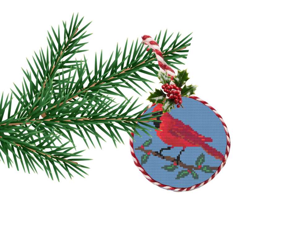 Needlepoint Ornament Cardinal design 4" 18 count downloadable chart with full instructions