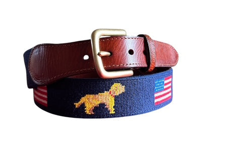 Needlepoint Retriever with American Flag  Belt – Handcrafted Patriotic Dog Lovers Accessory"