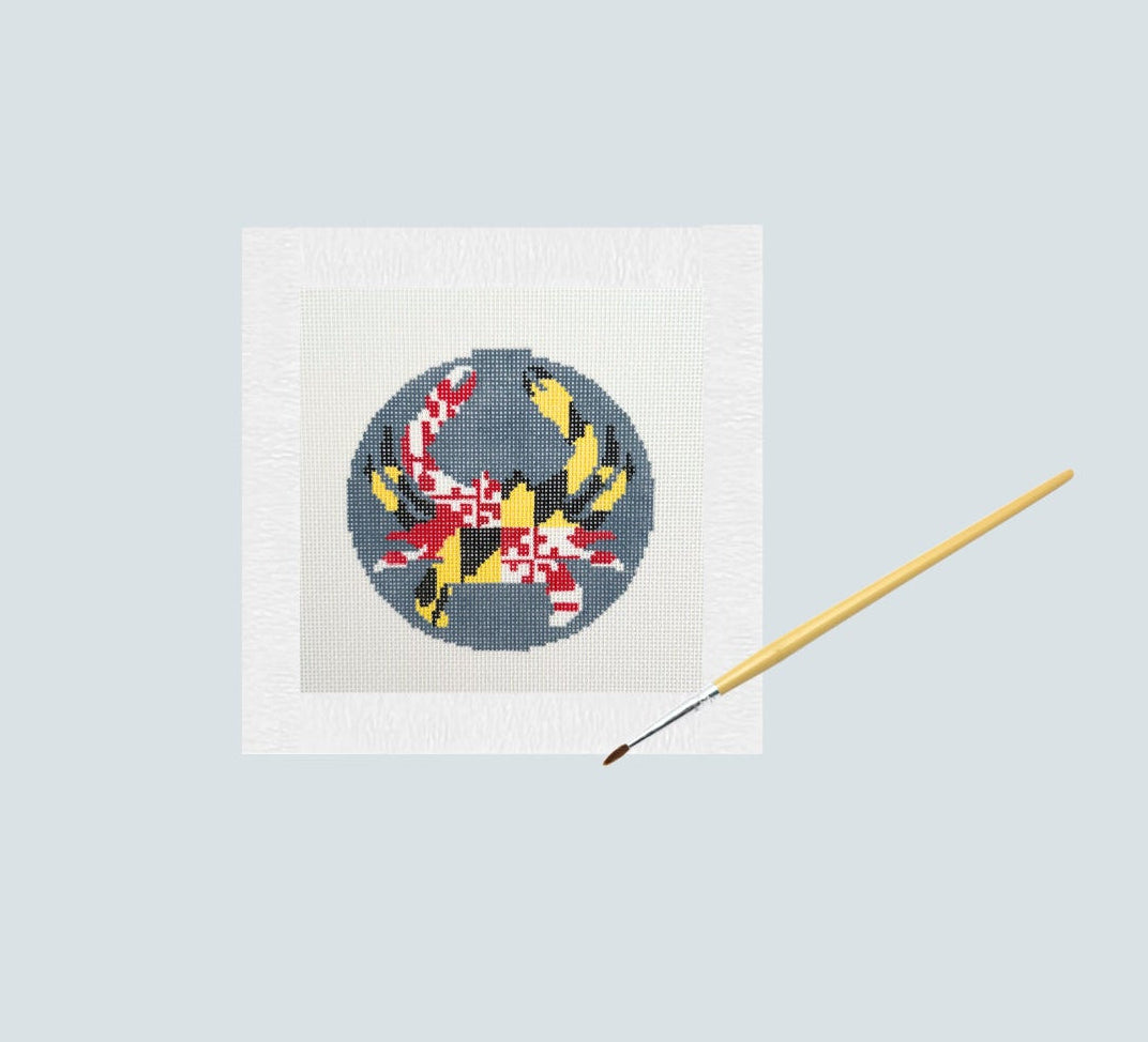 Maryland Flag Blue Crab Needlepoint Canvas, Hand Painted Chesapeake Bay Crab 4" Round, DIY Needlepoint for Purse Insert or 4" Round Ornamment