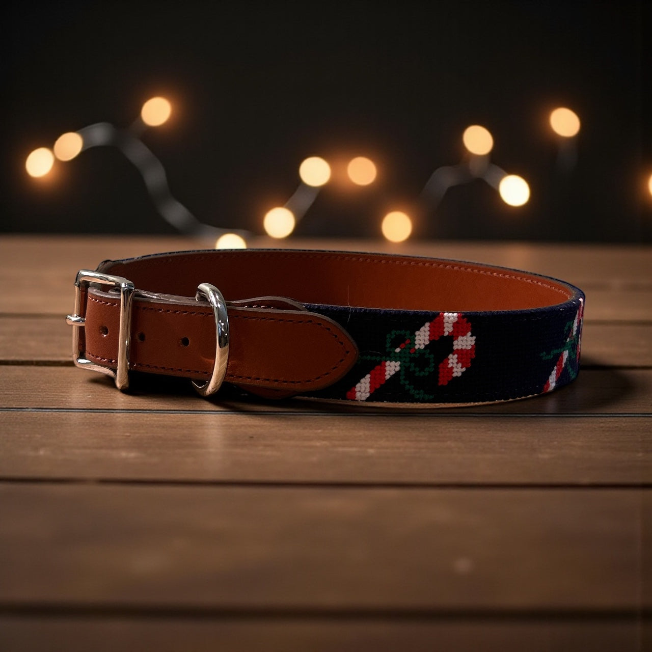 Candy Cane Needlepoint Dog Collar – Festive Hand-Stitched Holiday Pet Collar
