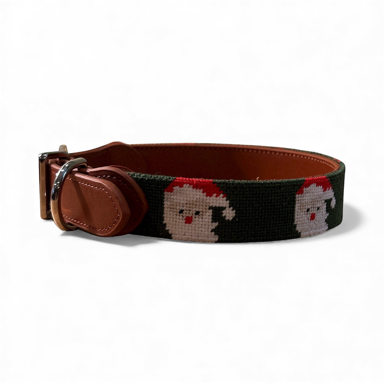 Needlepoint Dog Collar- Santa Green Background Hand Stitched