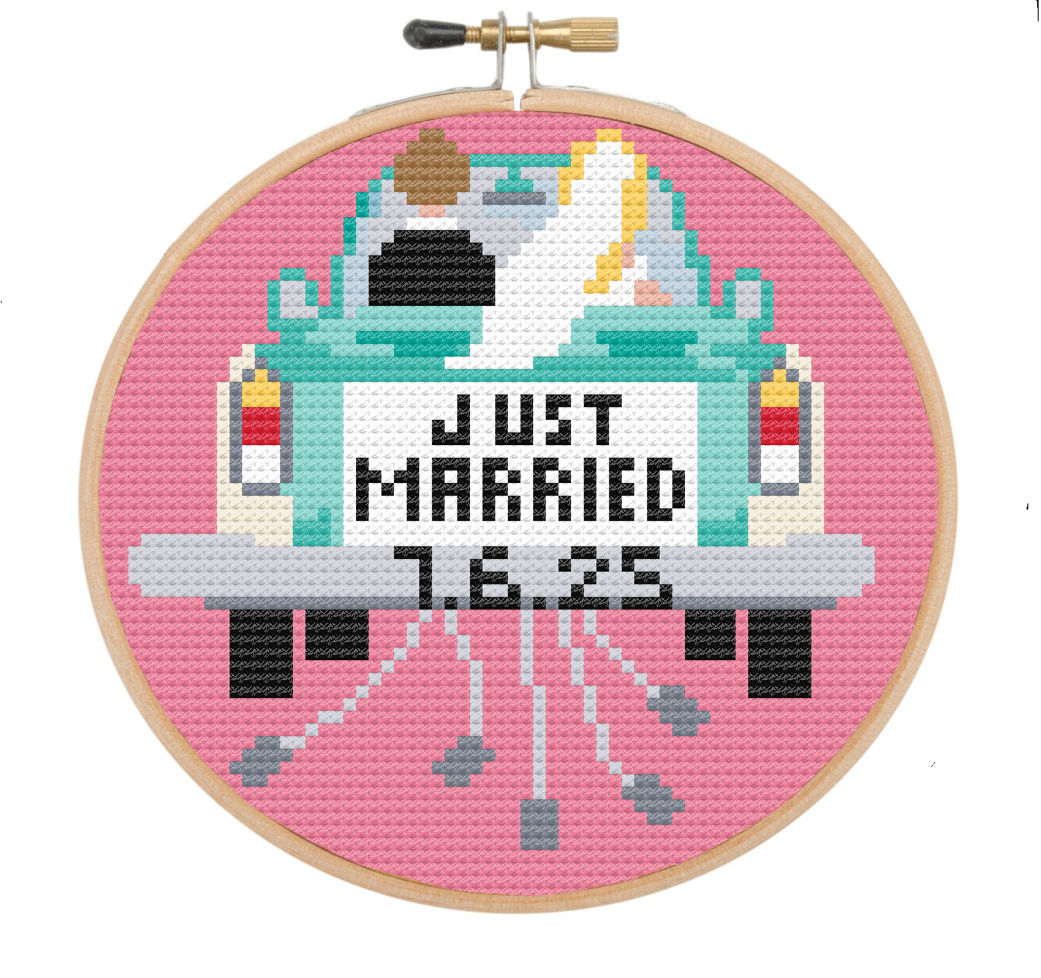 Just Married Car Needlepoint Chart, Instant Download ,18 Count Canvas for 4" round ornament, Digital Download