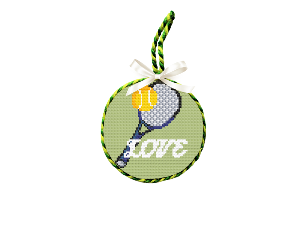 Tennis LOVE Needlepoint Canvas, Tennis Racket Hand Painted 4" Round