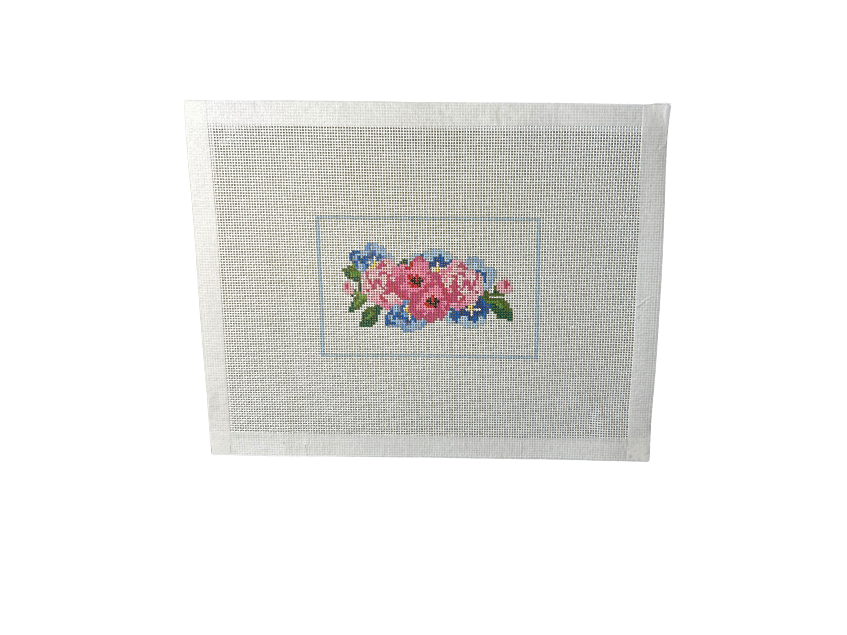 Pink Peony Needlepoint Canvas, Floral Spray ,  Hand Painted Rectangle Canvas Purse Insert for our Rattan Rectangle Purse