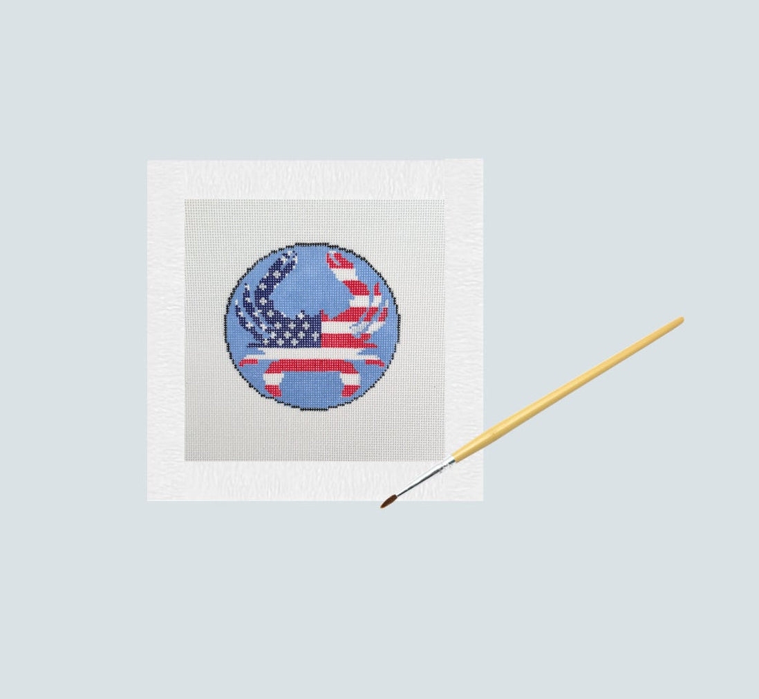American Flag Blue Crab Needlepoint Canvas, Hand Painted Chesapeake Bay Crab 4" Round, DIY Needlepoint for Purse Insert or 4" Round Ornamment (Copy)