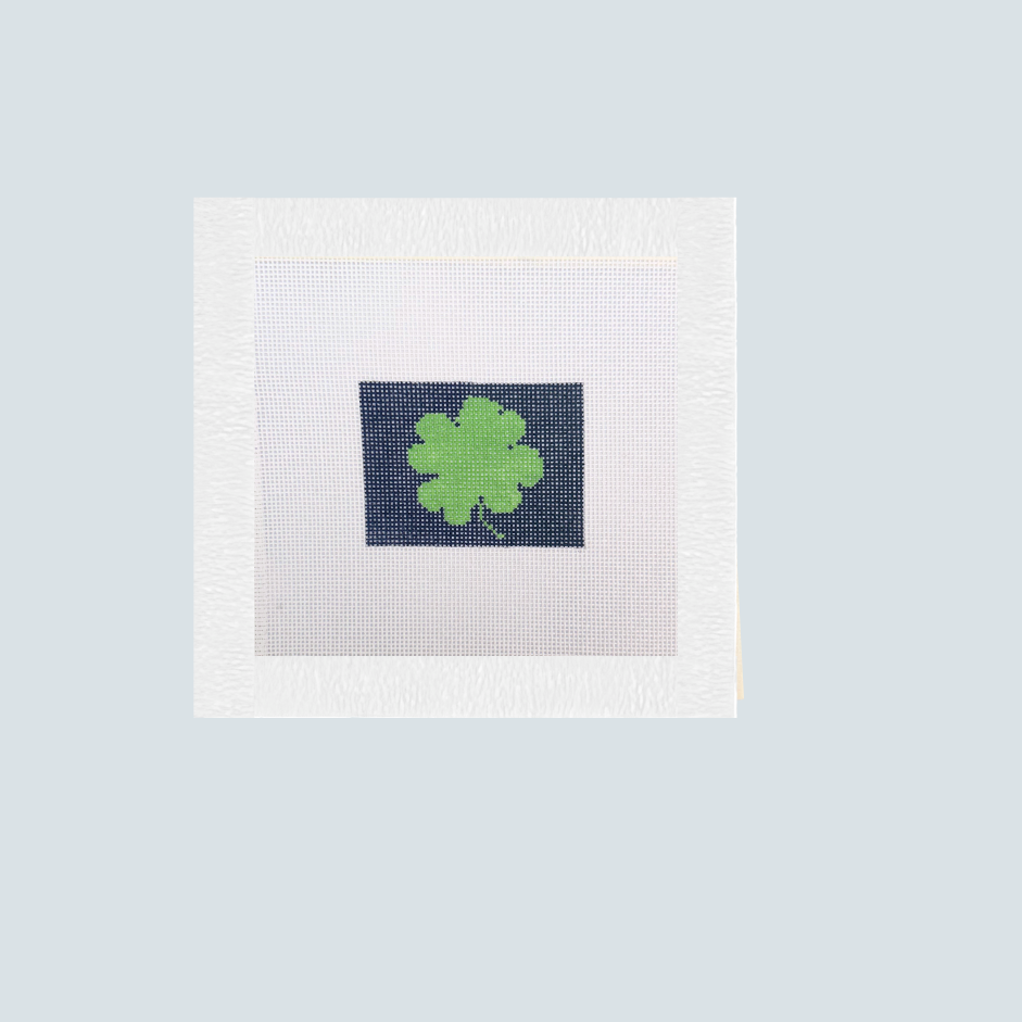 Shamrock on Navy Needlepoint Canvas, Four Leaf Clover Hand Painted Canvas, Preppy Irish Needlepoint for Key Fob or Small Insert