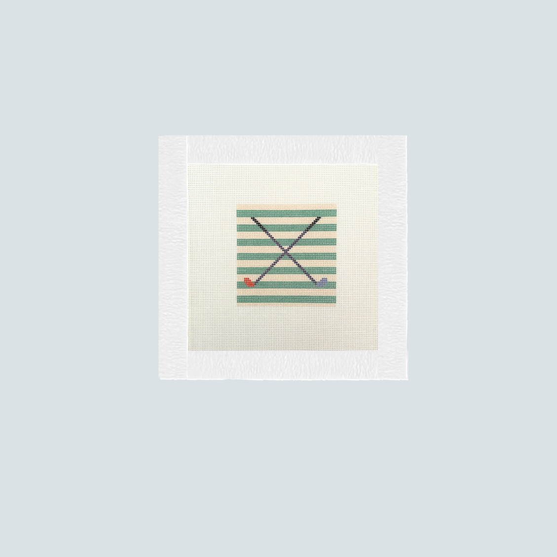 Golf Needlepoint Canvas for Coasters, Printed Crossed Golf Clubs on Green Stripes, 18 Count Canvas for Needlepoint Coaster Set