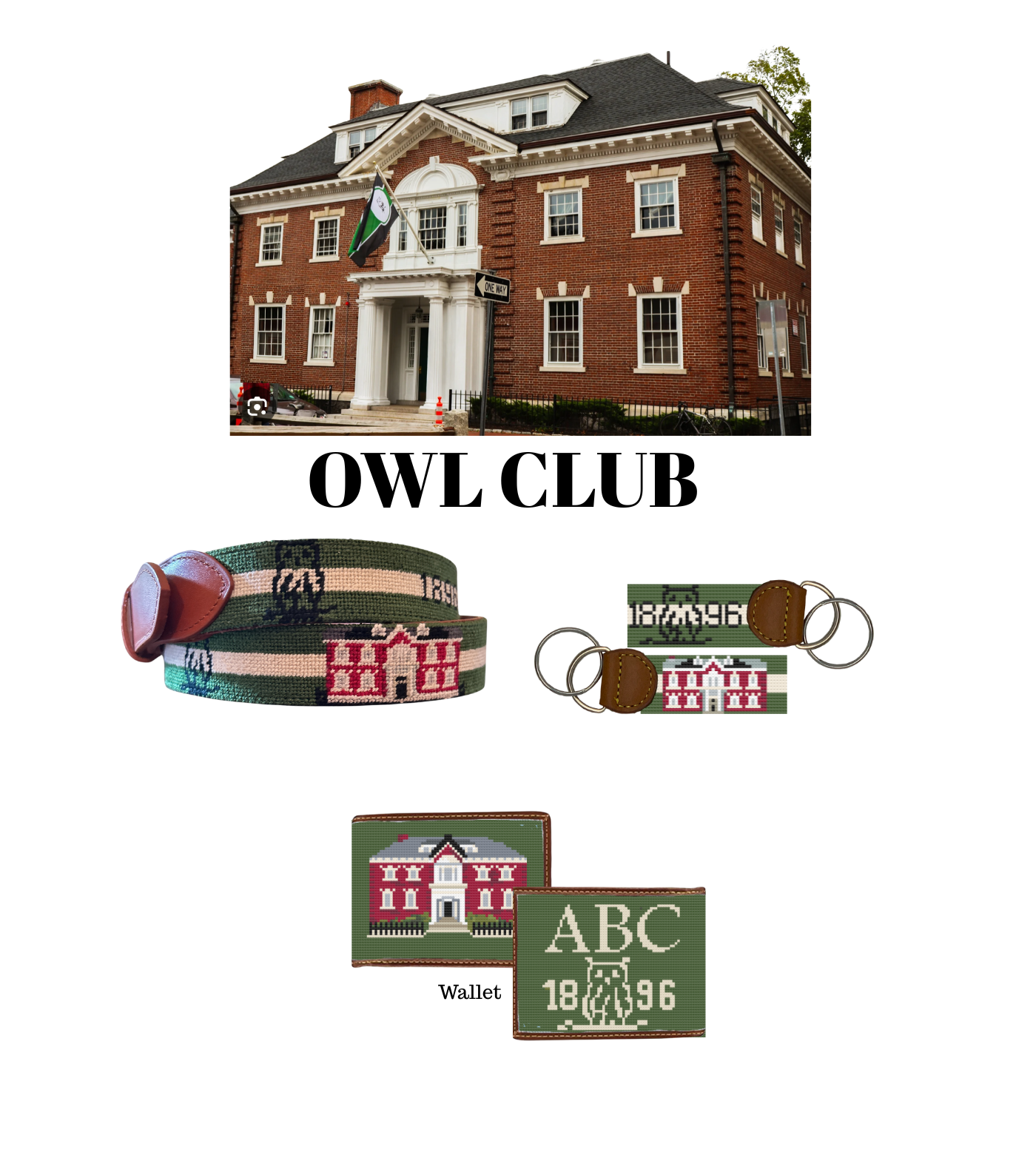 Owl Club Needlepoint Belt, flask and key fob