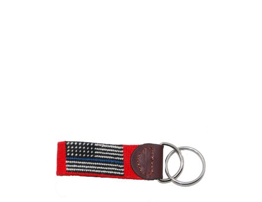 Needlepoint Key Fob-Black and White American Flag-Blue Line, hand stitched